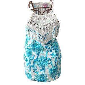 Lilly Pulitzer White Crochet Halter Dress with Turquoise Blue Floral Print